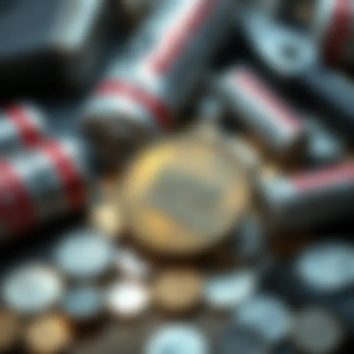 A close-up view of a 1956-D coin showing the Lincoln Memorial reverse design, placed on a table among rolled coin wrappers and tools for coin hunting.