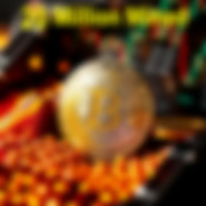 A close-up of a shiny Bitcoin surrounded by digital graphics, symbolizing the mining of the 20 millionth Bitcoin in cryptocurrency.