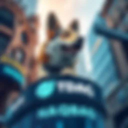 A digital representation of 21SHARES launching its $DOGE ETF on the NASDAQ stock exchange, featuring the DOGE logo and stock charts