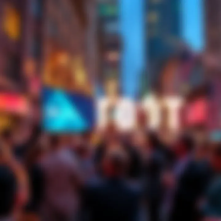 People celebrating the launch of the 21Shares TDOT ETF on Wall Street with financial charts in the background