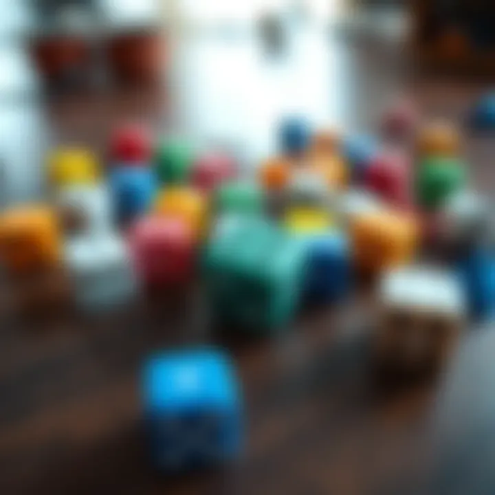 3D Printed Dice on a Table A close-up of several colorful 3D printed dice scattered on a wooden table, highlighting their unique shapes and designs.
