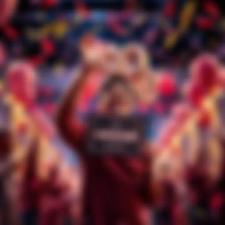 A joyful person holding a plaque representing the 400AB achievement with a backdrop of confetti and balloons, symbolizing celebration and accomplishment.