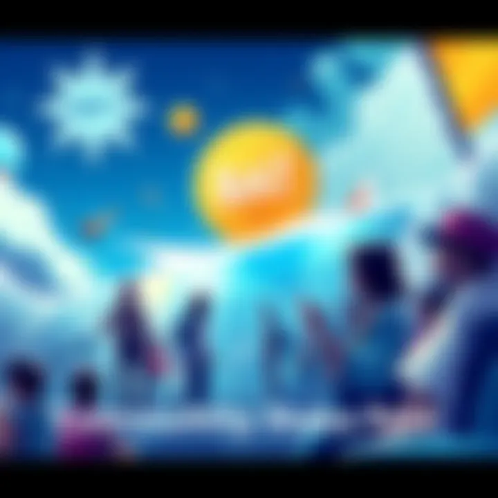 Illustration of people participating in the BAT Community Stake Pool, showcasing Cardano blockchain and support for The Ocean Cleanup initiative.