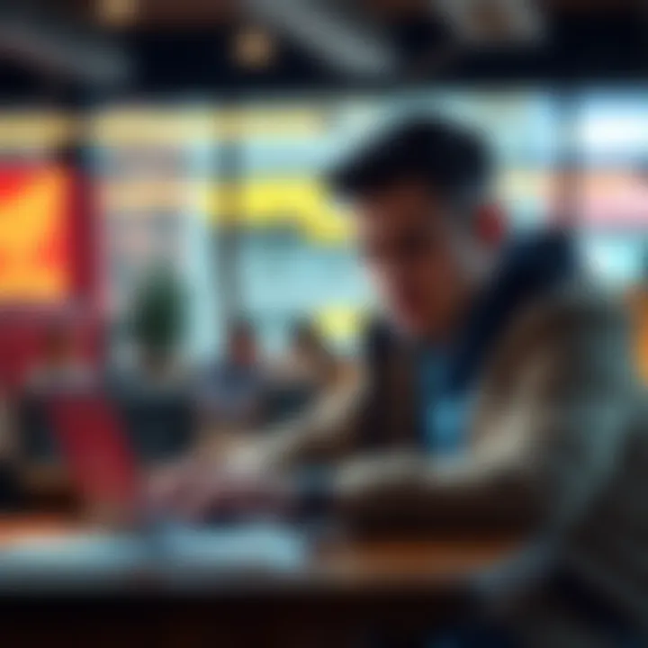 A business owner looks worried while reading about Klaviyo's strict crypto policy on a laptop, reflecting concerns about account closures due to mentioning cryptocurrency.