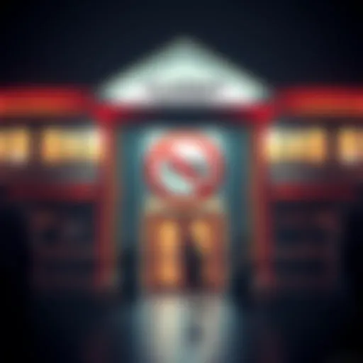 A well-lit academy building with a sign prohibiting tips, surrounded by students discussing policies.