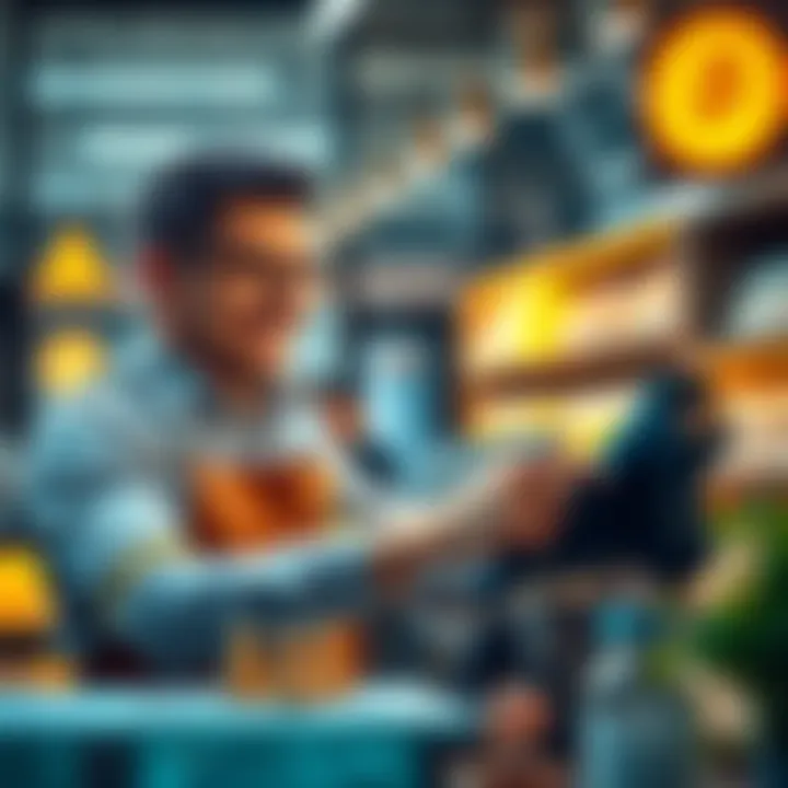 A business owner smiling while using a digital device to accept Monero payments in a modern shop