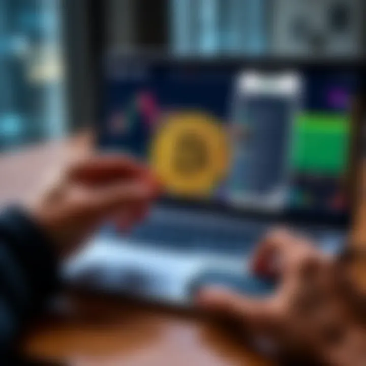 Person using a Ledger Nano S to access Bitcoin with a laptop and a digital wallet app displayed on the screen