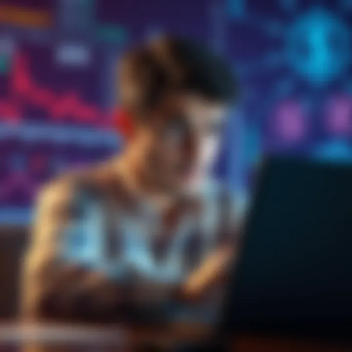A person looking worried while checking their financial account on a laptop, with visuals of ETFs, crypto icons, and savings symbols in the background.