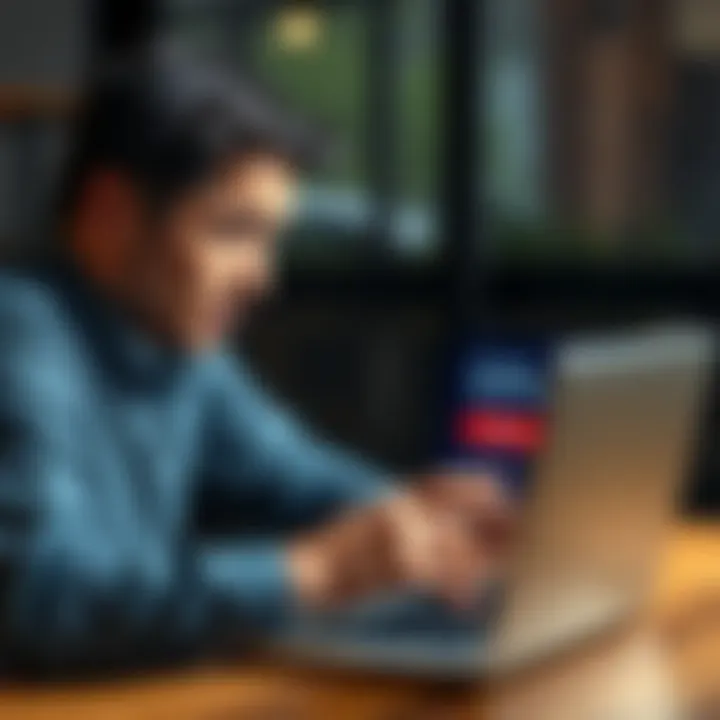 A person looking stressed while reviewing their bank account on a laptop, with a message indicating funds are locked