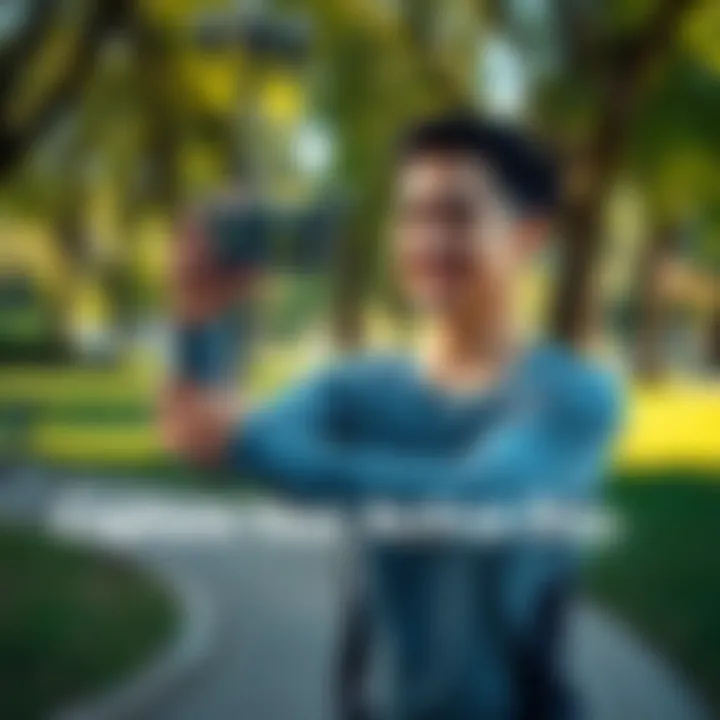 Person engaging in outdoor activity A person taking a photo of themselves while jogging in a park, smiling and enjoying an active moment
