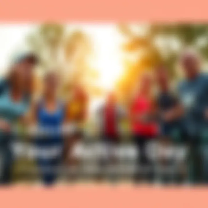 A group of people engaged in various outdoor activities like running, biking, and yoga, smiling and enjoying their active lifestyle.