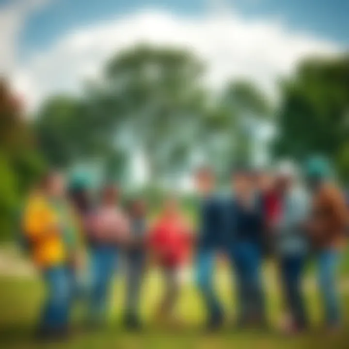 A diverse group of people smiling and working together in a park, showcasing teamwork and camaraderie, with some holding equipment and others chatting enthusiastically.