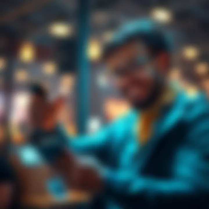 A person happily engaging with ad content on a smartphone, showing a thumbs up.