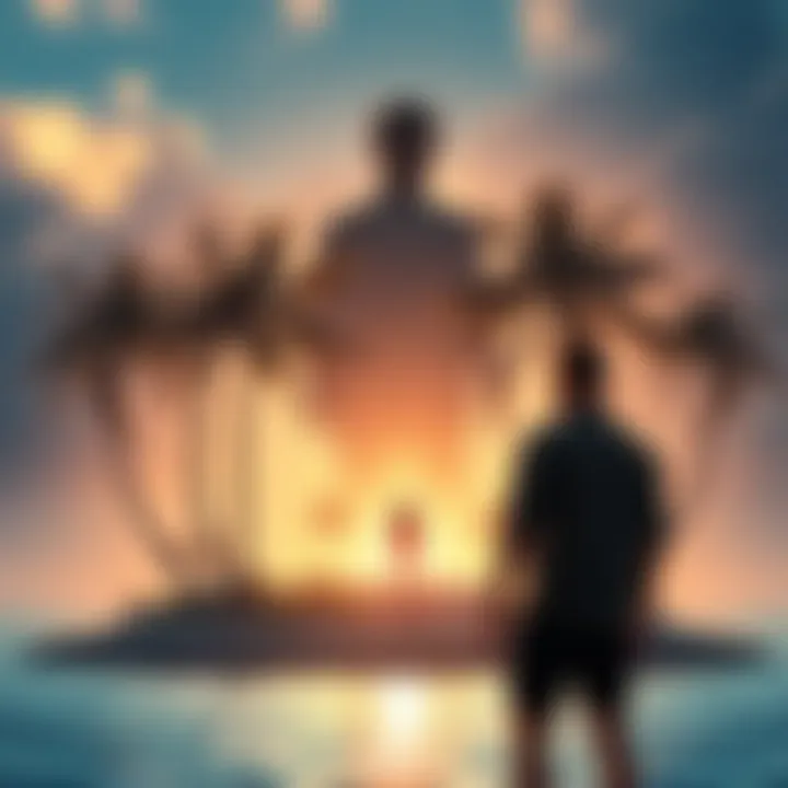 A depiction of Adam Back standing on a tropical island, surrounded by palm trees, with a shadowy figure in the background, symbolizing controversy.