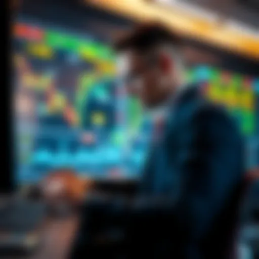 A trader analyzing market charts with fluctuating volatility indicators and adjustable ATR stop levels.