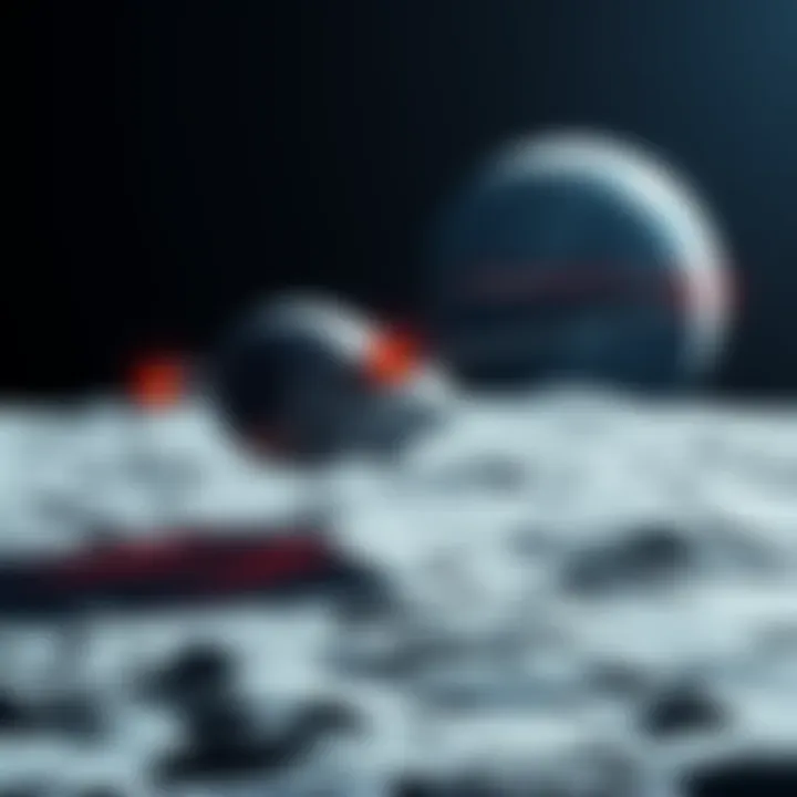 An AE spaceship landing on the Moon's surface with Earth visible in the background, symbolizing interplanetary expansion.