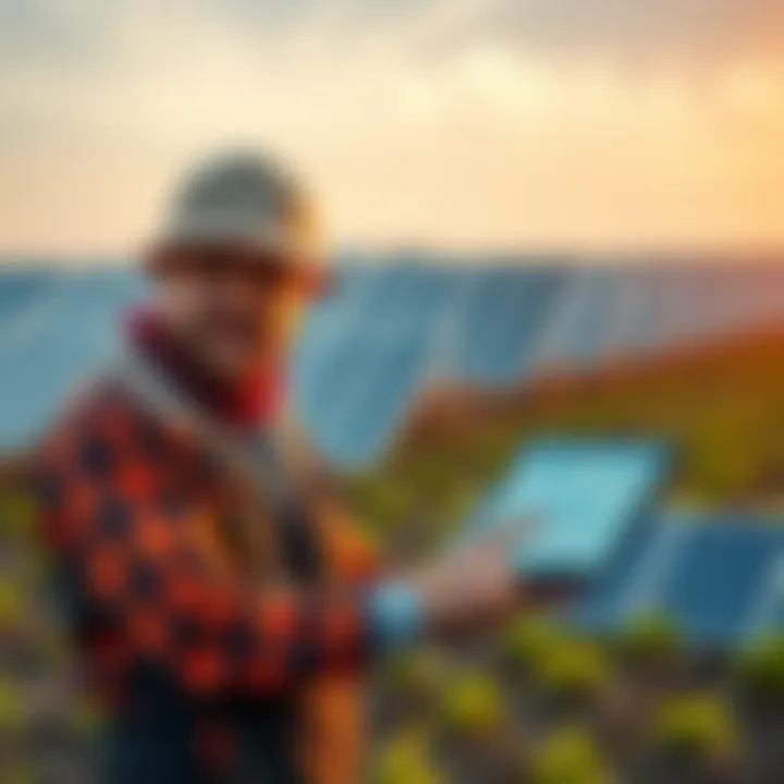 A farmer using a tablet to manage large farm hosting services with a backdrop of solar panels.