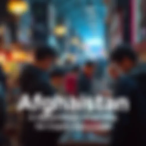 People in Afghanistan using laptops and smartphones to trade cryptocurrencies in a bustling market setting.