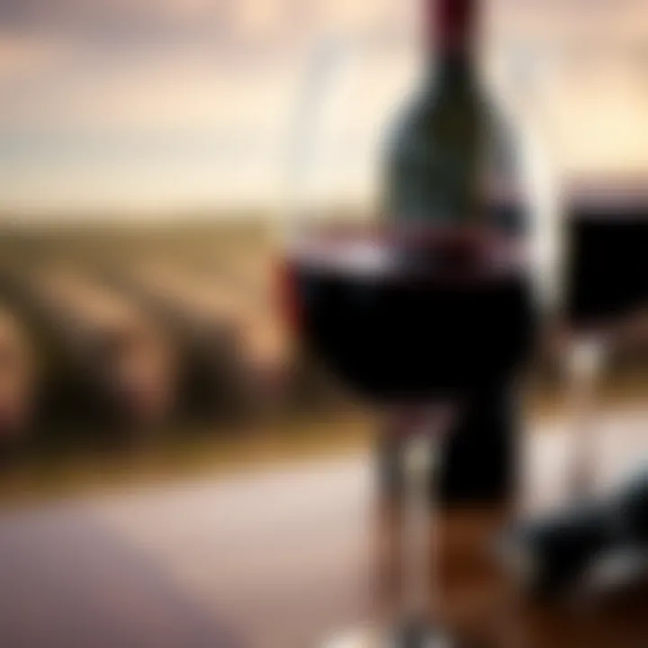 A close-up of a glass filled with deep red wine, showcasing its rich color and clarity, with a blurred vineyard background.