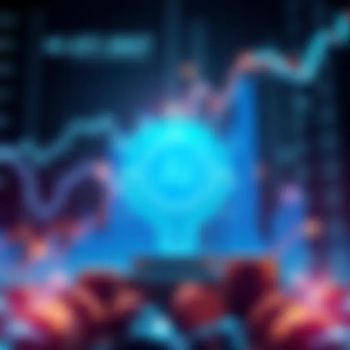 AI and cryptocurrency growth A futuristic graphic showing AI technology merging with cryptocurrency coins, highlighting FET coin, with upward trends in market charts in the background.