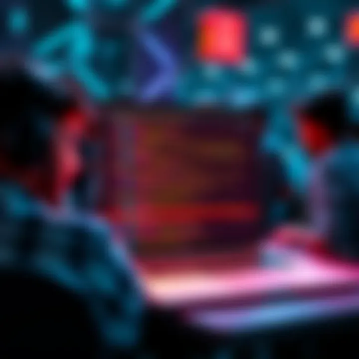 A laptop displaying code and blockchain graphics with people collaborating around it
