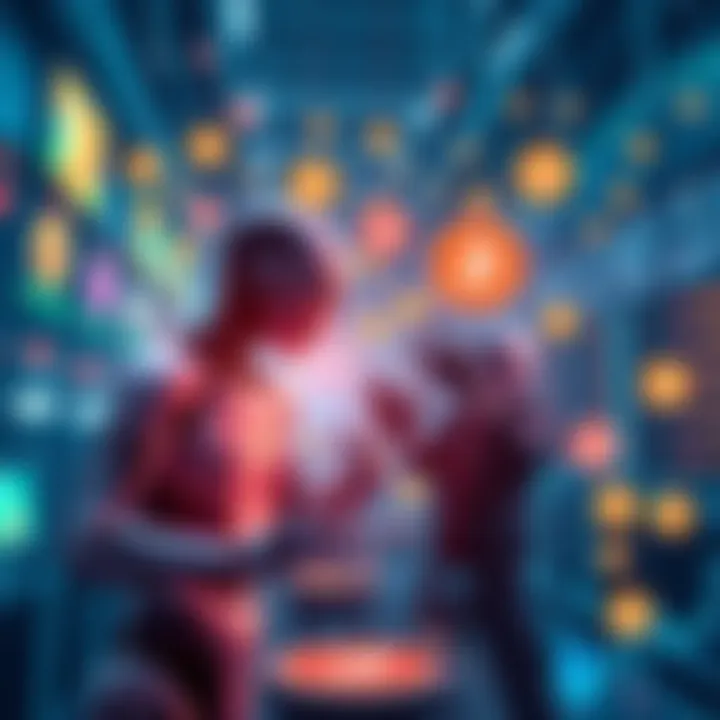 A digital representation of AI agents interacting with cryptocurrency symbols in a bustling market environment