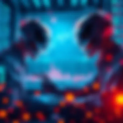 An illustration of AI agents analyzing data and executing trades in cryptocurrency markets, symbolizing the connection between traditional finance and decentralized finance.