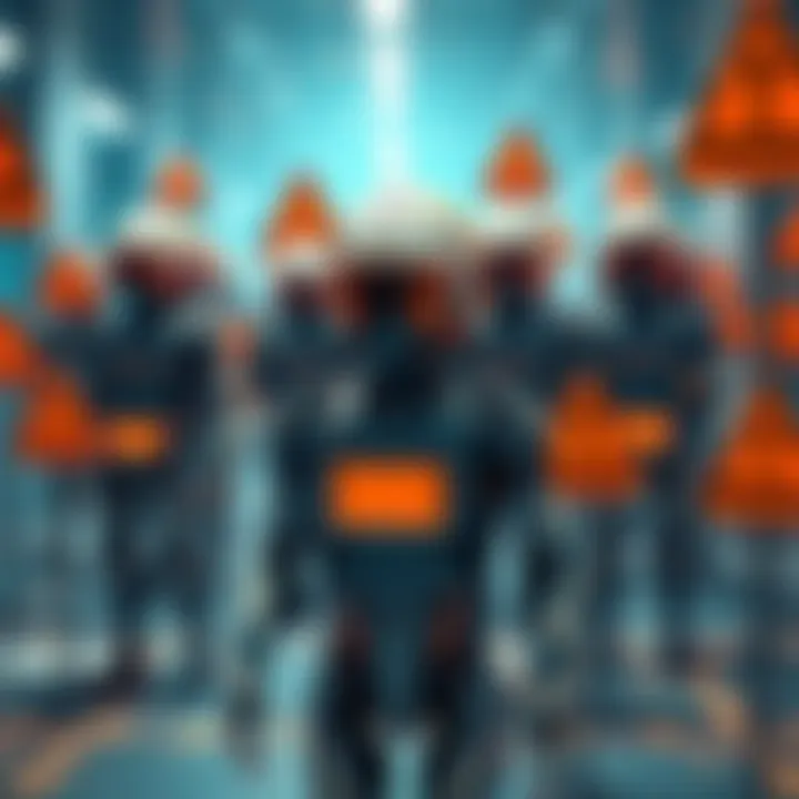 AI Agents with Warning Signs Illustration of robotic figures representing AI agents surrounded by caution signs, symbolizing the need for safety measures in AI technology.
