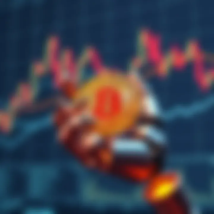 A robotic hand holding a Bitcoin symbol with financial graphs in the background
