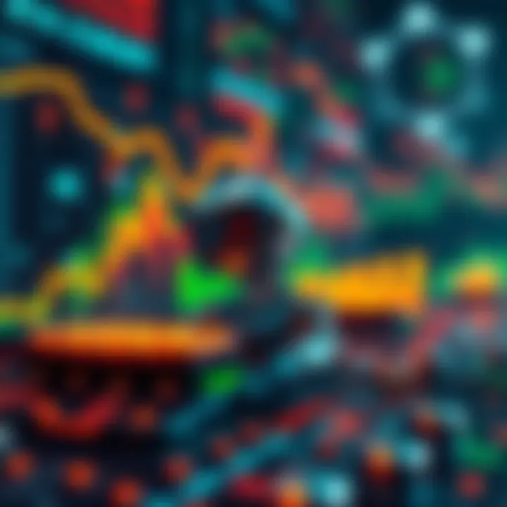 A visual representation of AI bots managing cryptocurrency staking with charts showing growth and yields.