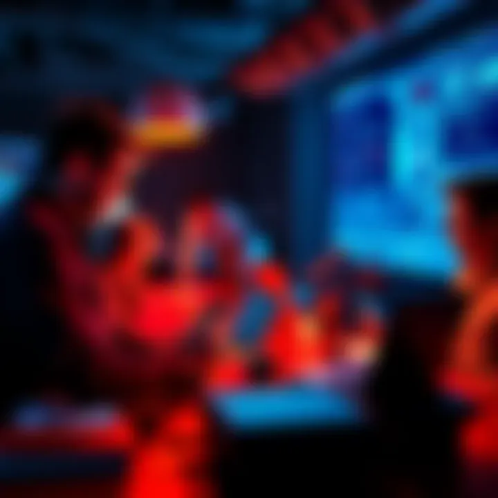 A group of developers collaborating on an AI project, focused on creating a business auditor for small businesses, with laptops and coding materials around.