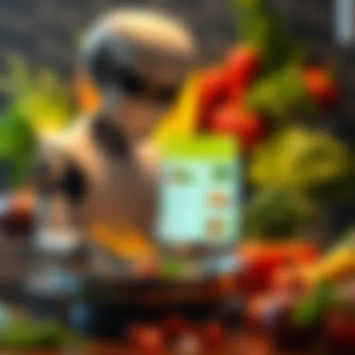 An AI cooking assistant displaying vegan recipes with fresh vegetables and herbs in the background.
