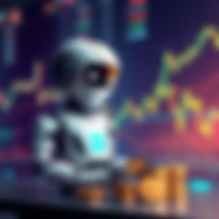 A digital assistant depicted as a friendly robot next to crypto coins and market graphs, assisting users with market insights.