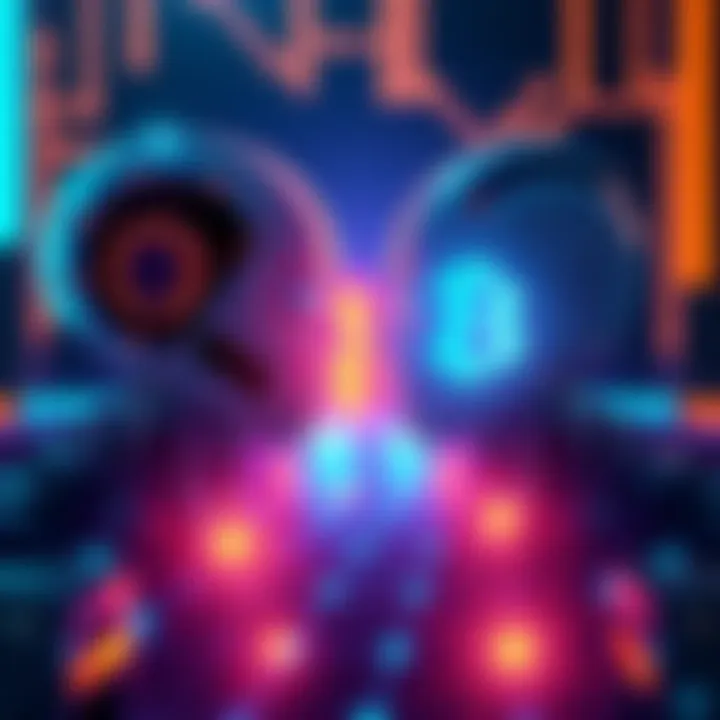 An illustration showing a robot and a bitcoin symbol facing each other, symbolizing the competition between AI and cryptocurrency.