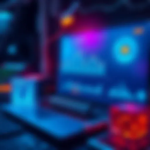 An illustration of an AI tool tracking cryptocurrency trends on social media, showing graphs and notifications.