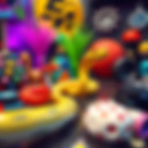 A collection of various unique AI-generated items like 3D printed snakes, colorful decorations, and themed accessories on display.