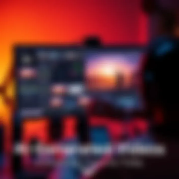 A scene showing a person using a computer to create an AI-generated video, with visual effects and graphics on the screen.