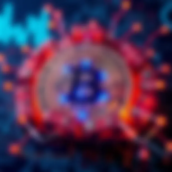 A digital representation of Bitcoin with AI symbols around it, showing the tension between cryptocurrency and technology.