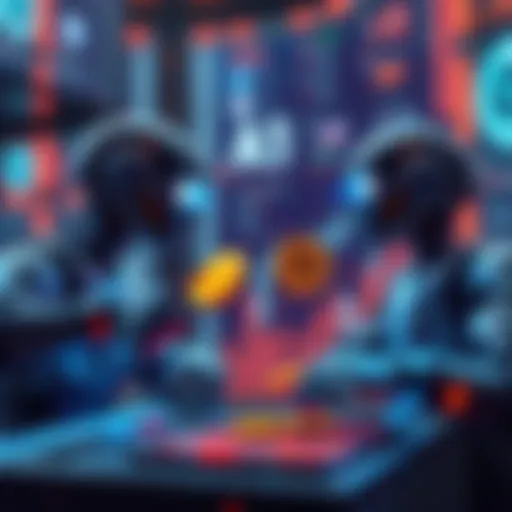 A graphic showing AI bots exchanging digital coins representing micro payments in a futuristic digital economy