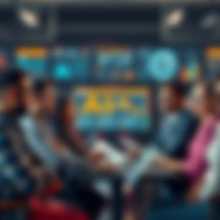 A group of diverse people discussing the effects of AI on employment, with various gadgets and screens showing AI data in the background.