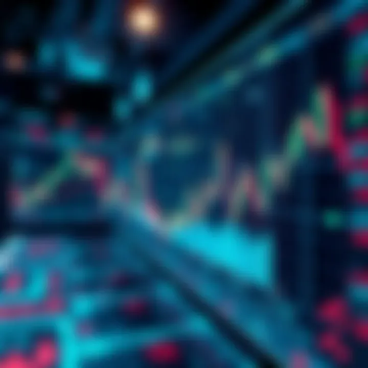 An illustration of a digital interface showing stock market charts and AI algorithms predicting market trends, highlighting the impact of AI on trading.
