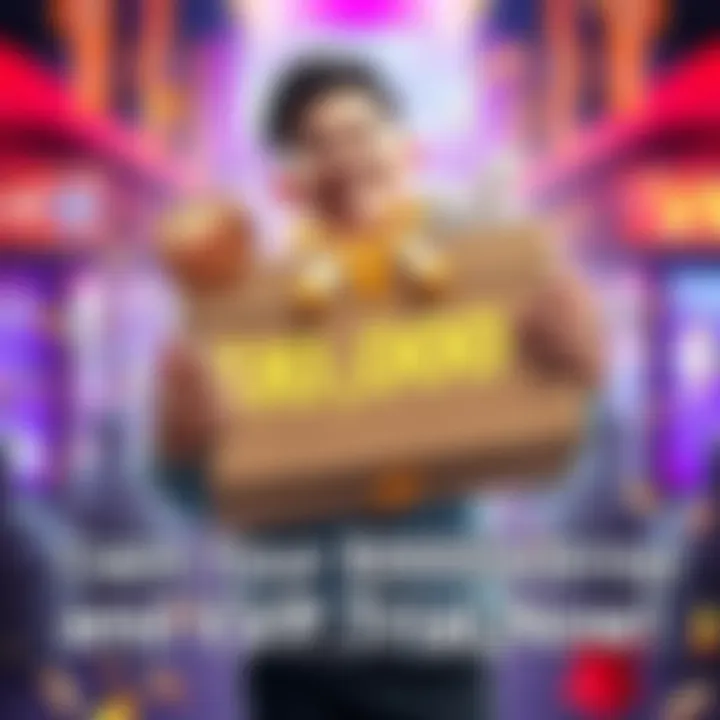 A cheerful person holding a large gift box with $10,000 written on it, surrounded by vouchers and a VIP badge.