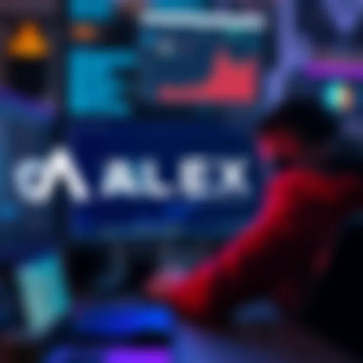 ALEX Protocol logo with a worried user looking at a computer screen showing notifications about fund claims.