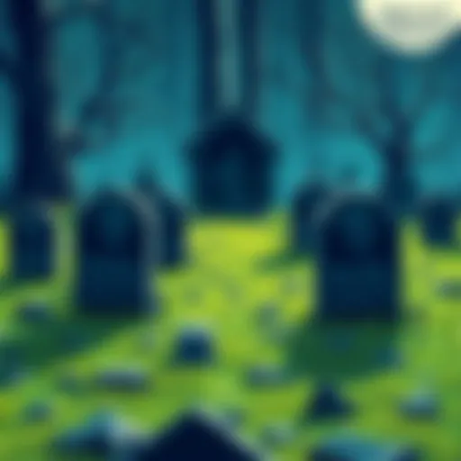 Digital illustration of a cemetery with tombstones representing unused NFTs, featuring $SKULL tokens in an eerie setting.