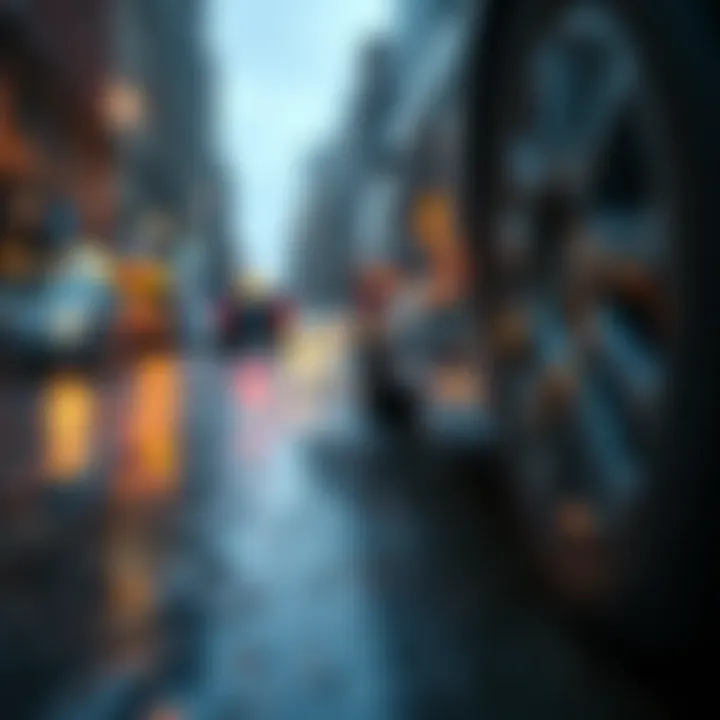 A close-up of all-season tires on a car parked on a street with puddles after rain, suitable for NYC weather