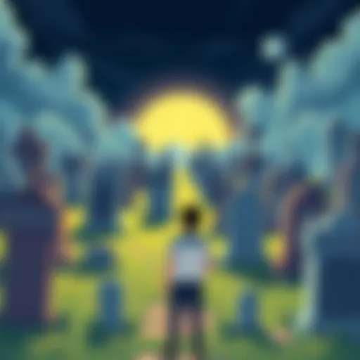 A digital illustration representing a graveyard filled with tombstones labeled with different altcoin names, symbolizing failed crypto projects. In the foreground, a person examines the tombstones, lo...