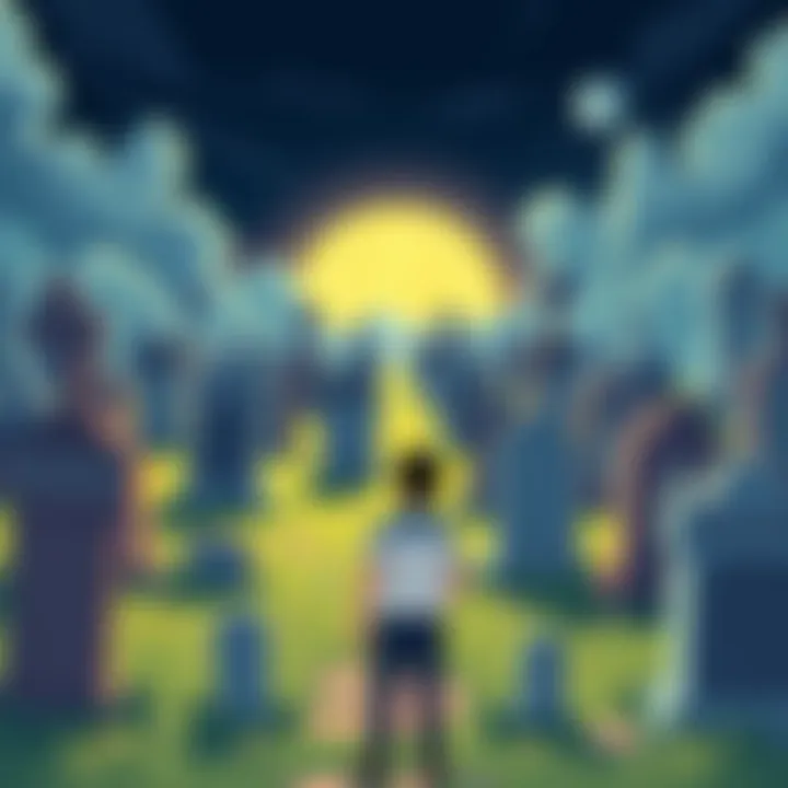 A digital illustration representing a graveyard filled with tombstones labeled with different altcoin names, symbolizing failed crypto projects. In the foreground, a person examines the tombstones, lo...