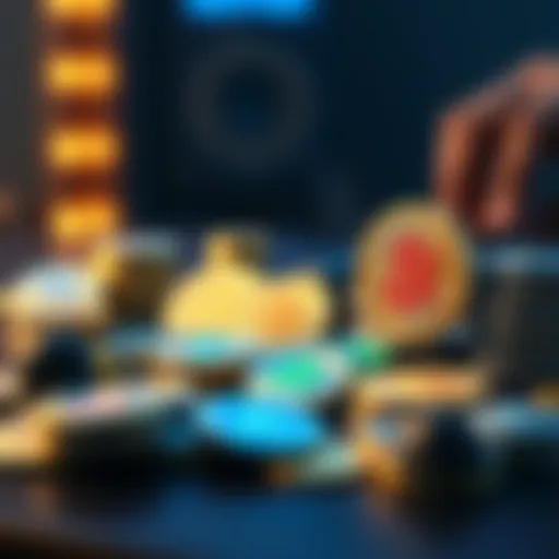 A variety of cryptocurrency coins displayed on a table, representing options beyond Bitcoin.