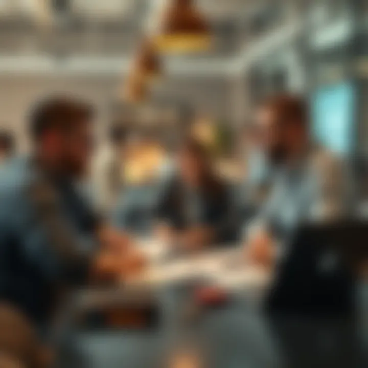 A team discussing content management systems with notes and a laptop on the table