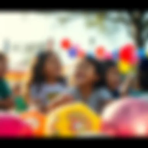 Amaya laughing and playing with friends at a park, surrounded by colorful balloons and games